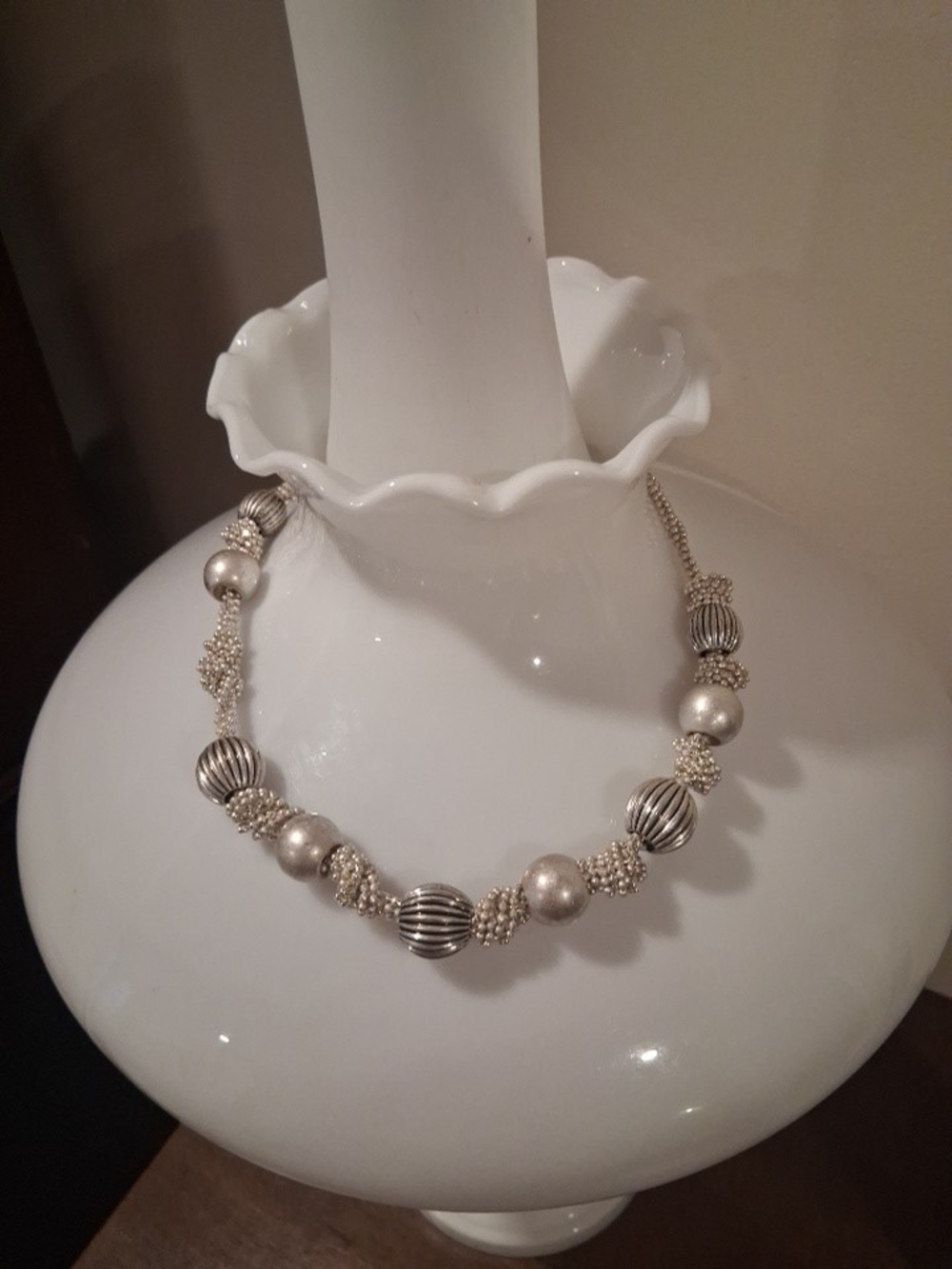Liz Claiborne Silver-Tone Beaded Necklace with Ribbed Accents